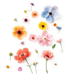 watercolor flowers on a white background, delicate and subtle, minimalist design, featuring flowers of many colors and various styles