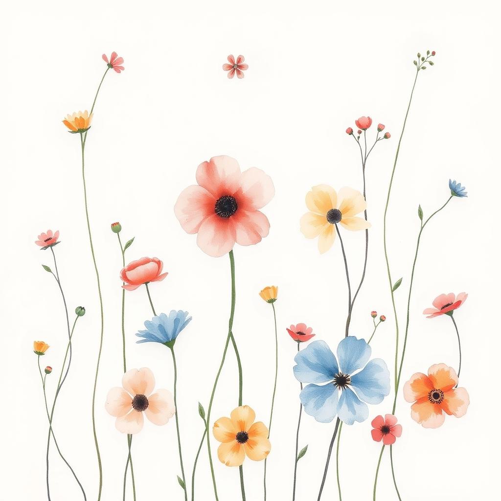 watercolor flowers on a white background, delicate and subtle, minimalist design, featuring flowers of many colors and various styles