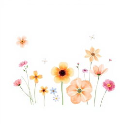 watercolor flowers on a white background, delicate and subtle, minimalist design, featuring flowers of many colors and various styles