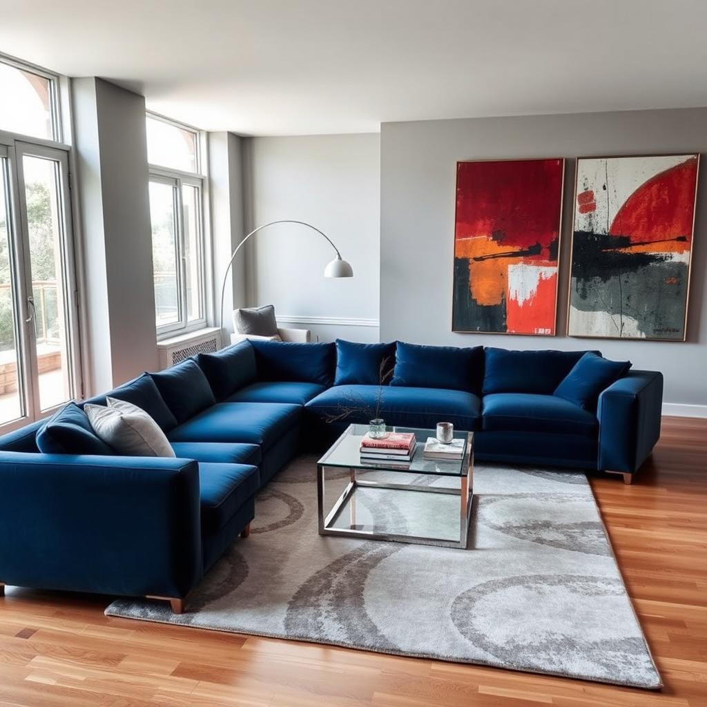 An elegant and contemporary living room design featuring a large, plush L-shaped sofa in a deep blue velvet fabric