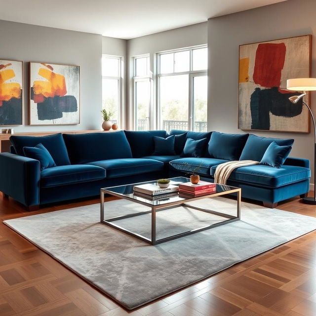 An elegant and contemporary living room design featuring a large, plush L-shaped sofa in a deep blue velvet fabric