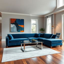 An elegant and contemporary living room design featuring a large, plush L-shaped sofa in a deep blue velvet fabric