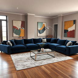 An elegant and contemporary living room design featuring a large, plush L-shaped sofa in a deep blue velvet fabric