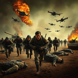 dramatic movie poster of wounded soldiers fleeing the battlefield, amidst burning tanks and drones in the sky, with deceased comrades lying on the ground