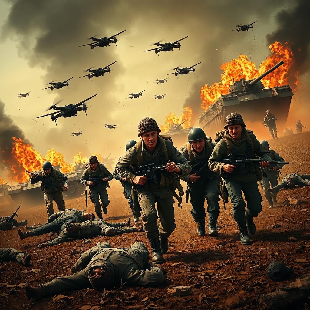 dramatic movie poster of wounded soldiers fleeing the battlefield, amidst burning tanks and drones in the sky, with deceased comrades lying on the ground