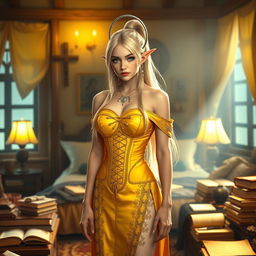 A high elf with long blonde hair in a ponytail, adorned with a silver circlet, stands in a brightly lit room