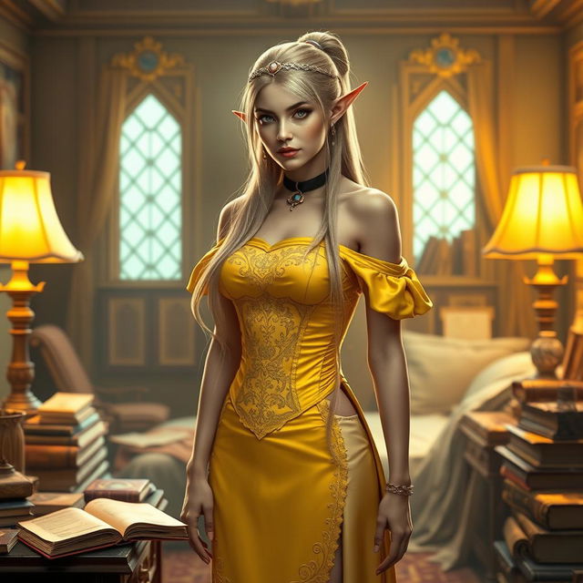 A high elf with long blonde hair in a ponytail, adorned with a silver circlet, stands in a brightly lit room