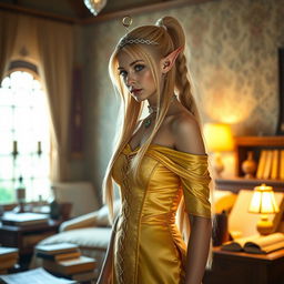 A high elf with long blonde hair in a ponytail, adorned with a silver circlet, stands in a brightly lit room