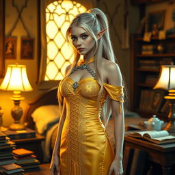 A high elf with long blonde hair in a ponytail, adorned with a silver circlet, stands in a brightly lit room