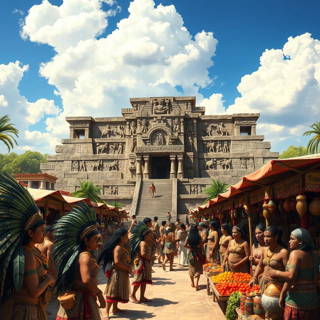 An ancient Aztec civilization scene featuring a grand temple surrounded by bustling market stalls