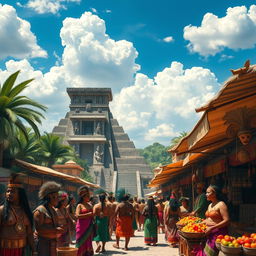 An ancient Aztec civilization scene featuring a grand temple surrounded by bustling market stalls