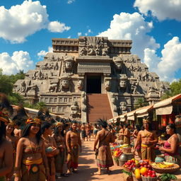 An ancient Aztec civilization scene featuring a grand temple surrounded by bustling market stalls