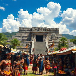 An ancient Aztec civilization scene featuring a grand temple surrounded by bustling market stalls