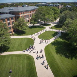 A bustling university campus showcasing a diverse and engaged student population, filled with academic buildings, lush green spaces, vibrant activity, students studying, socializing and enjoying their time on campus during a sunny day.