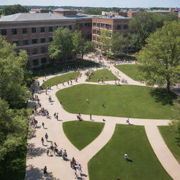 A bustling university campus showcasing a diverse and engaged student population, filled with academic buildings, lush green spaces, vibrant activity, students studying, socializing and enjoying their time on campus during a sunny day.