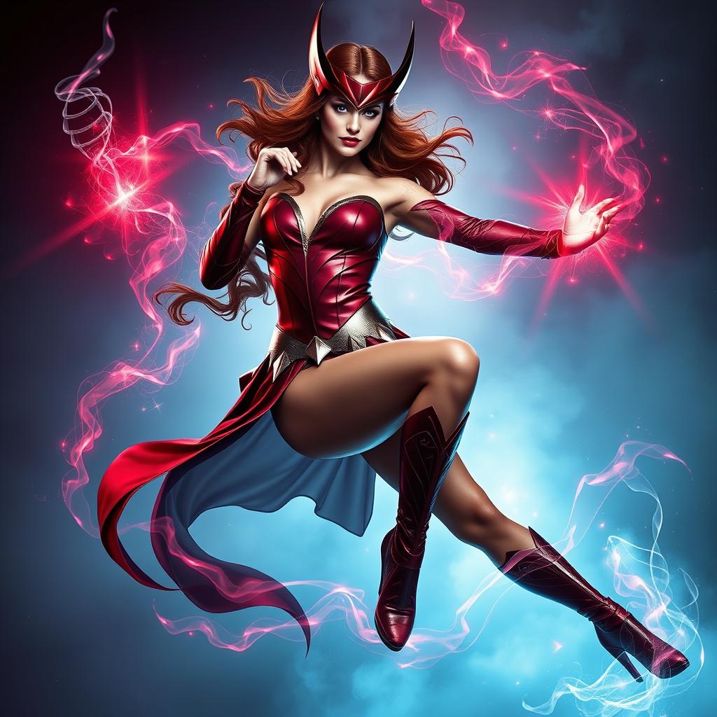 Scarlet Witch striking a captivating pose, focus on her powerful and enchanting aura, showcasing her confident presence