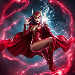 Scarlet Witch striking a captivating pose, focus on her powerful and enchanting aura, showcasing her confident presence