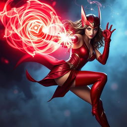 Scarlet Witch striking a captivating pose, focus on her powerful and enchanting aura, showcasing her confident presence