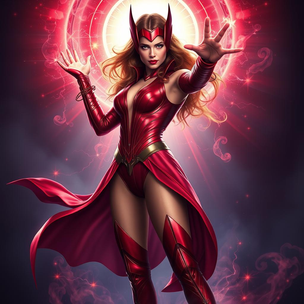 Scarlet Witch striking a captivating pose, focus on her powerful and enchanting aura, showcasing her confident presence