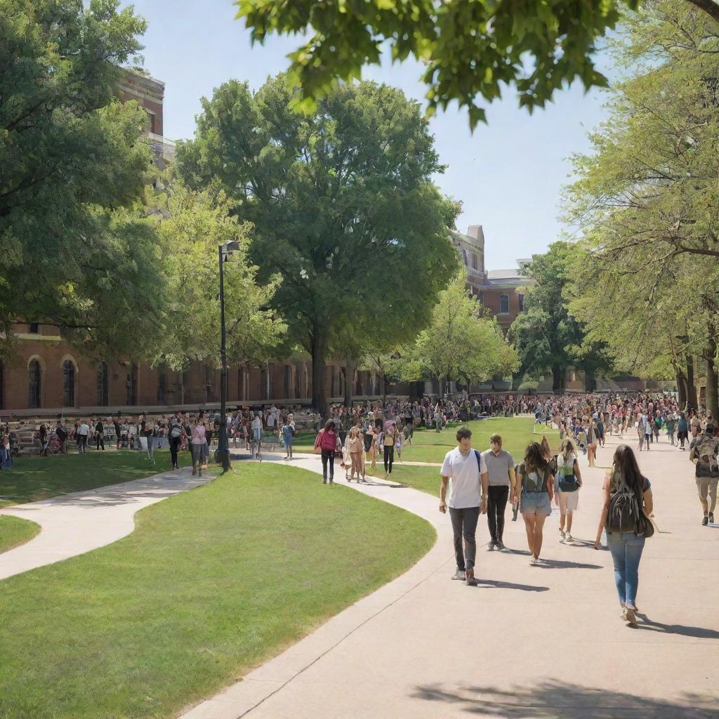 A bustling university campus showcasing a diverse and engaged student population, filled with academic buildings, lush green spaces, vibrant activity, students studying, socializing and enjoying their time on campus during a sunny day.