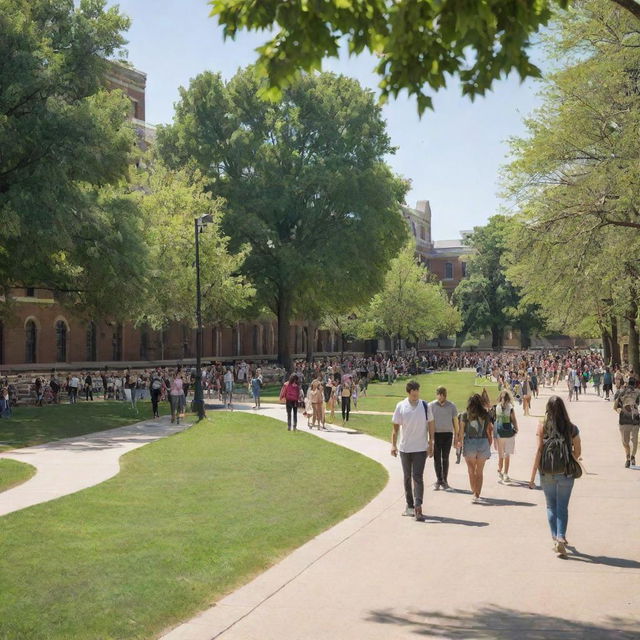 A bustling university campus showcasing a diverse and engaged student population, filled with academic buildings, lush green spaces, vibrant activity, students studying, socializing and enjoying their time on campus during a sunny day.