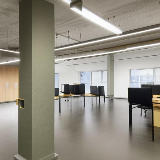 An expansive hall renovated into a modern office space featuring multiple computer setups, a mounted 65-inch television, and creatively incorporating a pillar in the design.