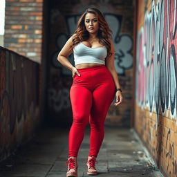 A confident and attractive woman with a curvy figure, wearing stylish red panties with a playful chav-inspired urban fashion look