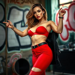 A confident and attractive woman with a curvy figure, wearing stylish red panties with a playful chav-inspired urban fashion look