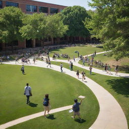 A bustling university campus showcasing a diverse and engaged student population, filled with academic buildings, lush green spaces, vibrant activity, students studying, socializing and enjoying their time on campus during a sunny day.