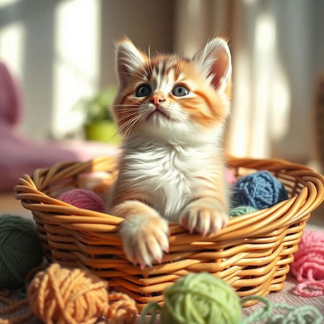 adorable kitten with soft, fluffy fur, playfully sitting in a charming wicker basket surrounded by colorful yarn balls