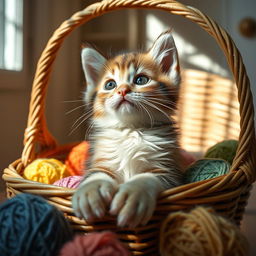 adorable kitten with soft, fluffy fur, playfully sitting in a charming wicker basket surrounded by colorful yarn balls