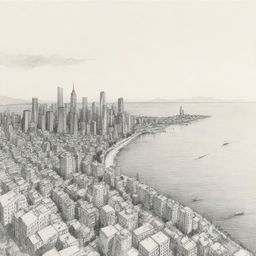 A simple, artistic sketch demonstrating two point perspective; one featuring a bustling cityscape and the other a serene ocean view.