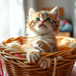 adorable kitten with soft, fluffy fur, playfully sitting in a charming wicker basket surrounded by colorful yarn balls