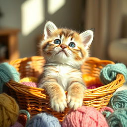 adorable kitten with soft, fluffy fur, playfully sitting in a charming wicker basket surrounded by colorful yarn balls