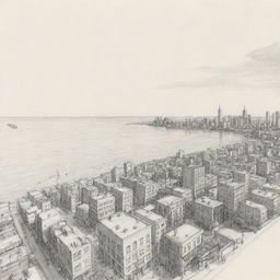 A simple, artistic sketch demonstrating two point perspective; one featuring a bustling cityscape and the other a serene ocean view.