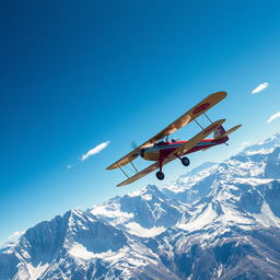 A biplane soaring majestically over the rugged peaks of the Andes mountains