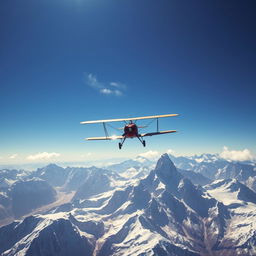 A biplane soaring majestically over the rugged peaks of the Andes mountains