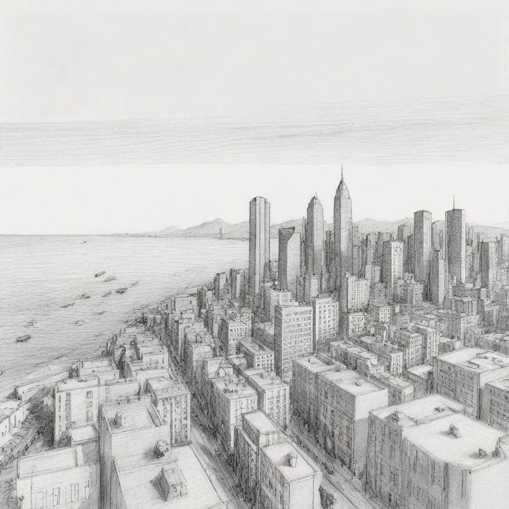 A simple, artistic sketch demonstrating two point perspective; one featuring a bustling cityscape and the other a serene ocean view.