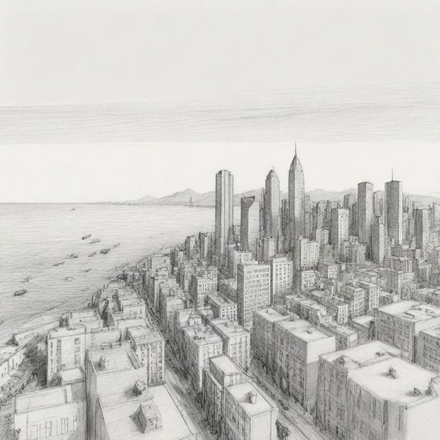 A simple, artistic sketch demonstrating two point perspective; one featuring a bustling cityscape and the other a serene ocean view.