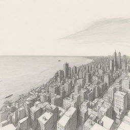 A simple, artistic sketch demonstrating two point perspective; one featuring a bustling cityscape and the other a serene ocean view.