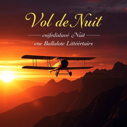 A dramatic scene of a biplane flying over the Andes mountains, set against a backdrop of a stunning sunset