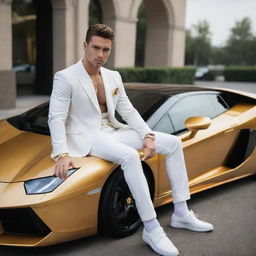 An attractive man with angelic features sitting on a Lamborghini. His name, Geo, is displayed in elegant letters of gold and white color.