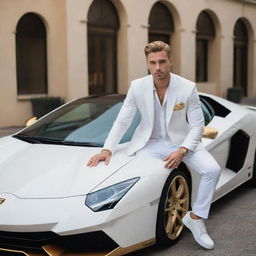 An attractive man with angelic features sitting on a Lamborghini. His name, Geo, is displayed in elegant letters of gold and white color.