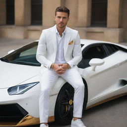 An attractive man with angelic features sitting on a Lamborghini. His name, Geo, is displayed in elegant letters of gold and white color.