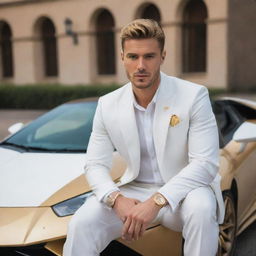 An attractive man with angelic features sitting on a Lamborghini. His name, Geo, is displayed in elegant letters of gold and white color.