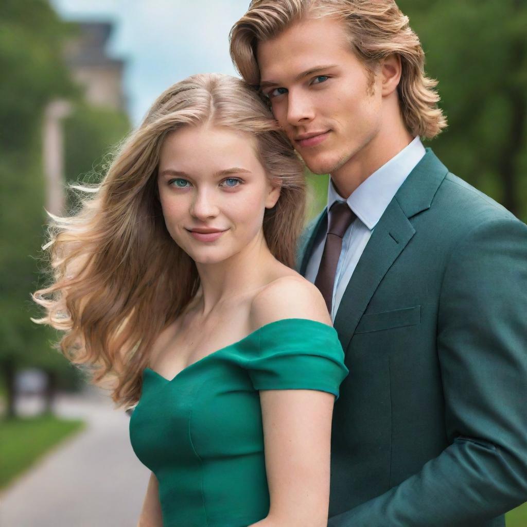 Create a 2D digital illustration for a romance novel cover featuring a 21-year-old girl with blond hair and blue eyes in an off-the-shoulder green dress. She's holding hands with a 22-year-old boy with brown hair and a mullet haircut wearing a grey suit.