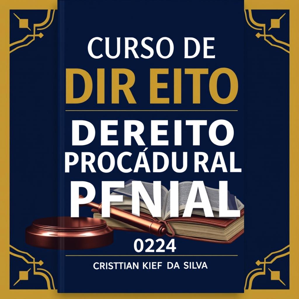 An extraordinary and flawless cover for a book on criminal procedural law, incorporating the text 'CURSO DE DIREITO PROCESSUAL PENAL', author 'CRISTIAN KIEFER DA SILVA', and year '2024'