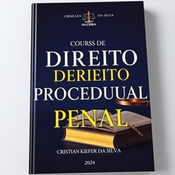 An extraordinary and flawless cover for a book on criminal procedural law, incorporating the text 'CURSO DE DIREITO PROCESSUAL PENAL', author 'CRISTIAN KIEFER DA SILVA', and year '2024'