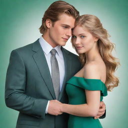 Create a 2D digital illustration for a romance novel cover featuring a 21-year-old girl with blond hair and blue eyes in an off-the-shoulder green dress. She's holding hands with a 22-year-old boy with brown hair and a mullet haircut wearing a grey suit.