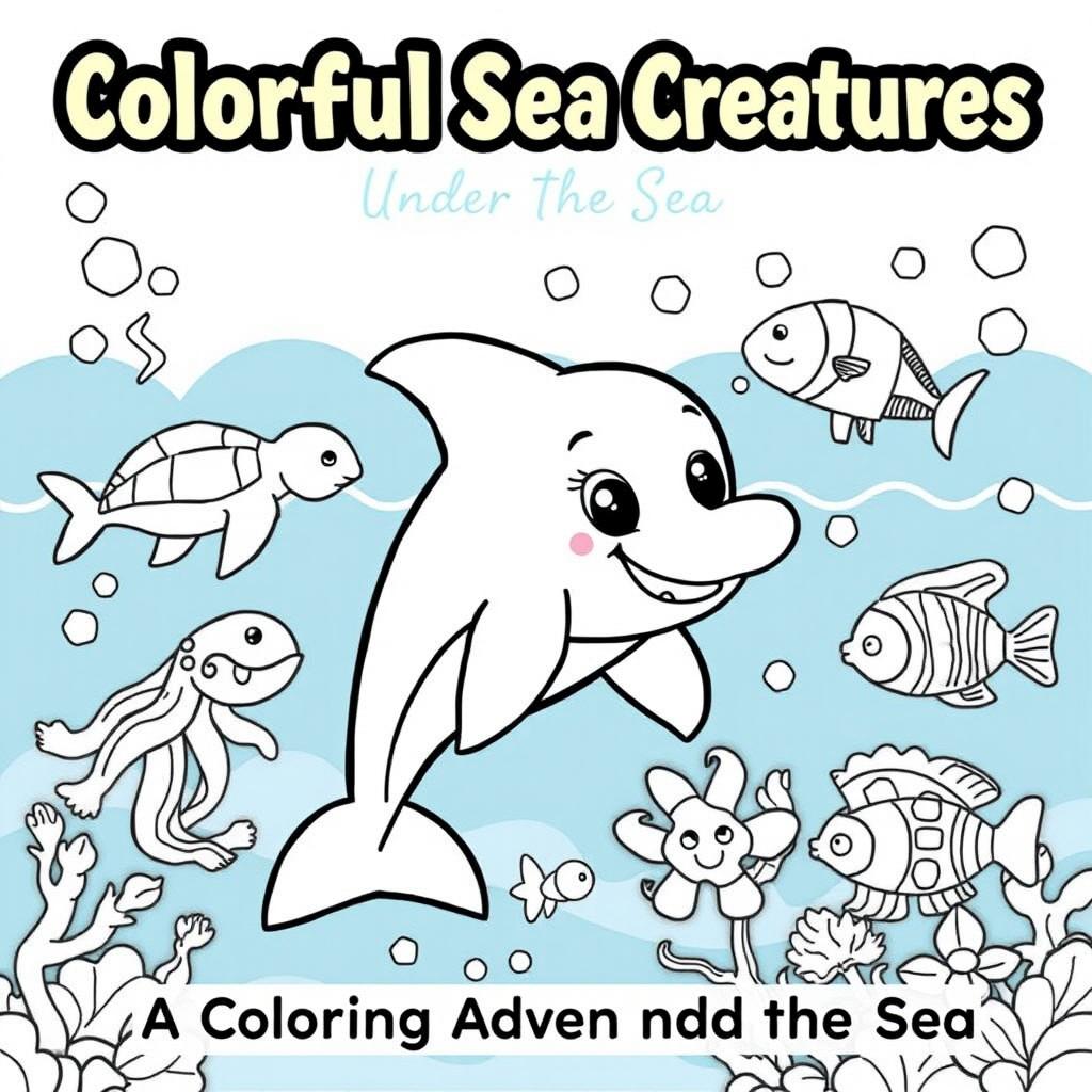 A playful and engaging coloring book cover featuring a variety of outlined sea animals